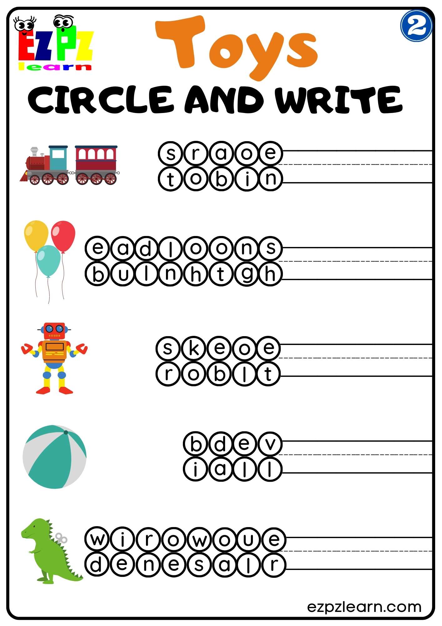 Group 2 Toys Vocabulary Circle and Write the Words Worksheet for K5 and ESL PDF Download